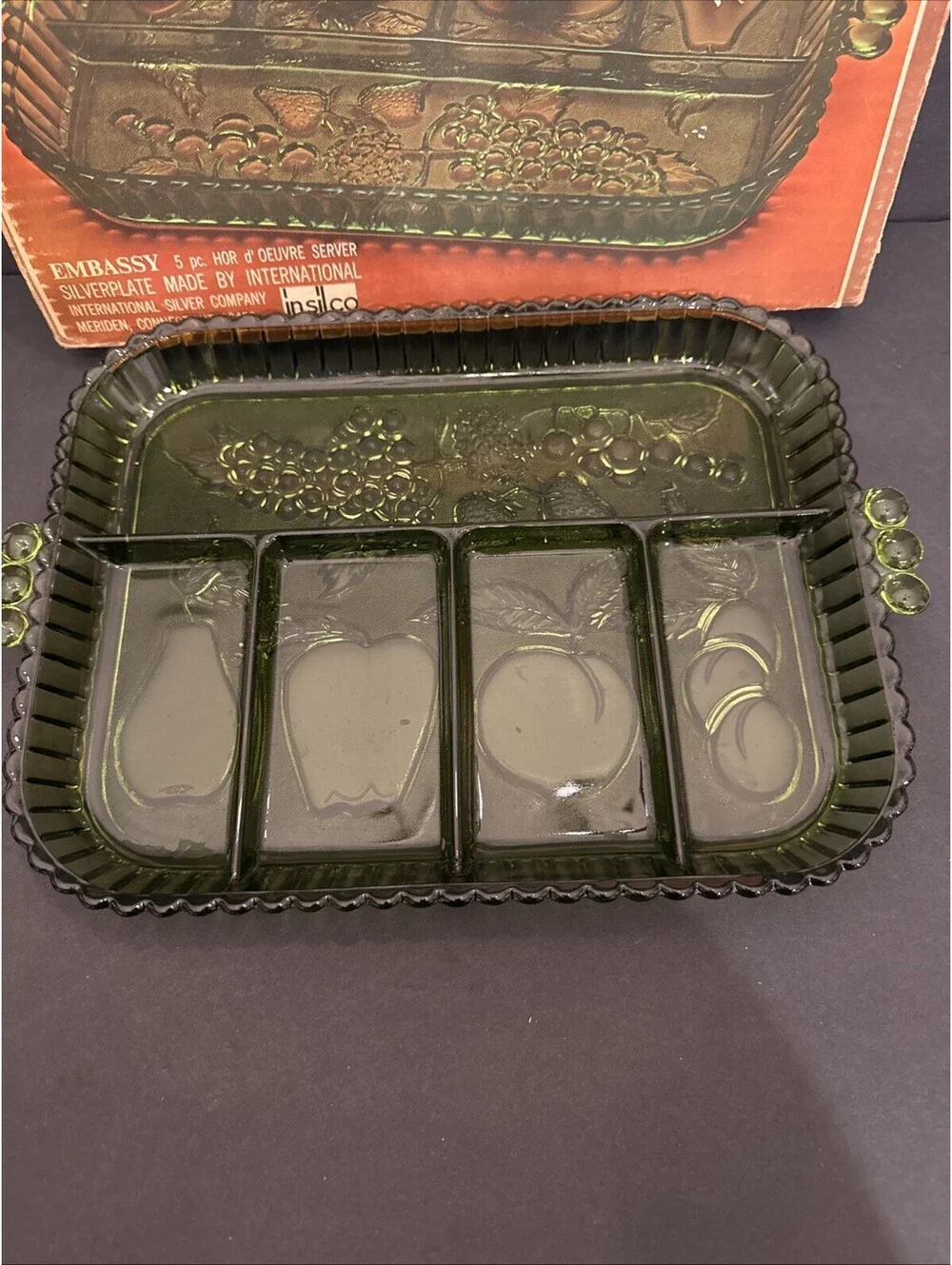 Vintage Indiana Glass Olive Green 5-Part Relish Tray In Original Box 12.5” X 9”